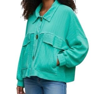 Bucket List Cropped Boho Cardigan Turquoise Big/Buttoms Patch Pockets Made/US